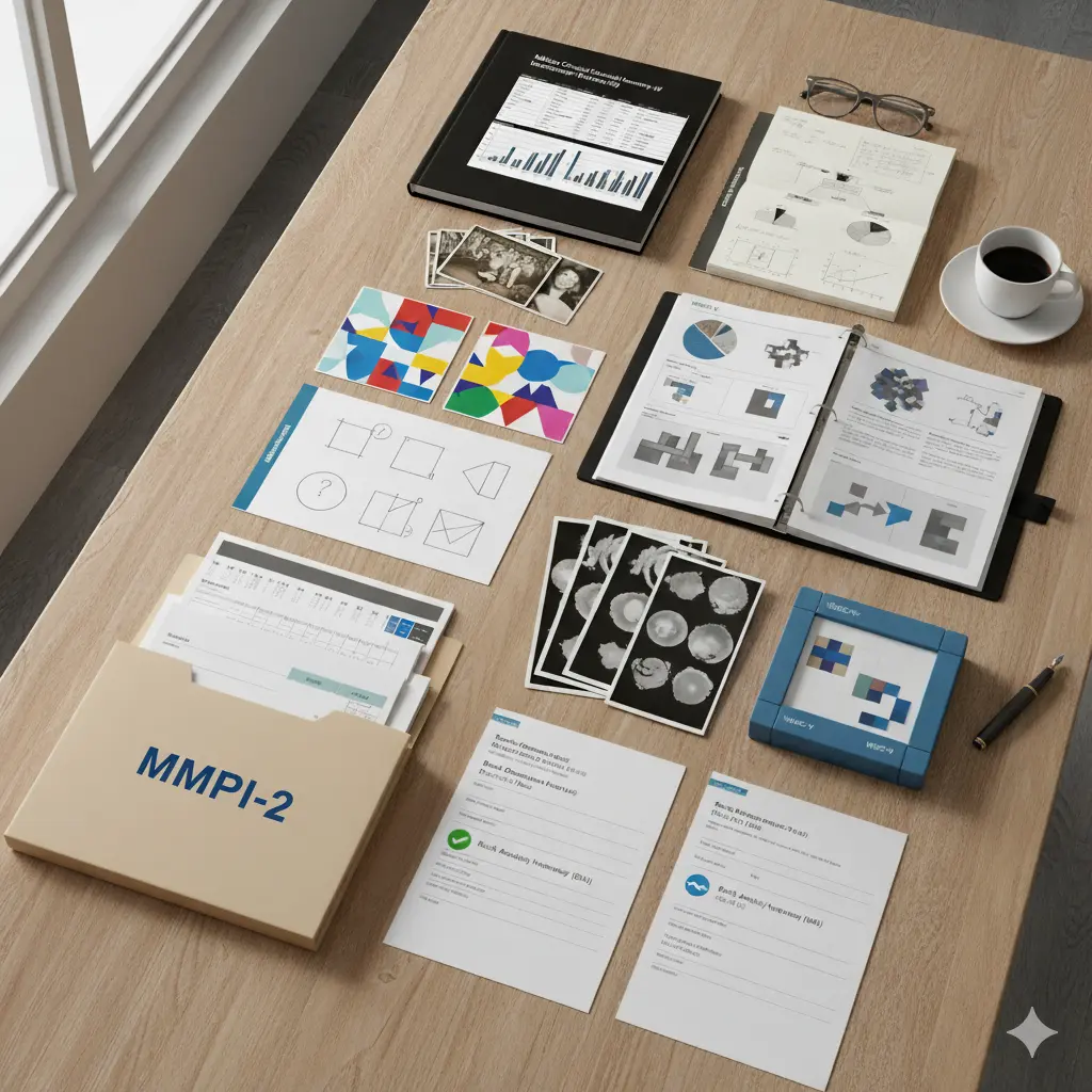 Colección de diferentes pruebas psicométricas sobre un escritorio.