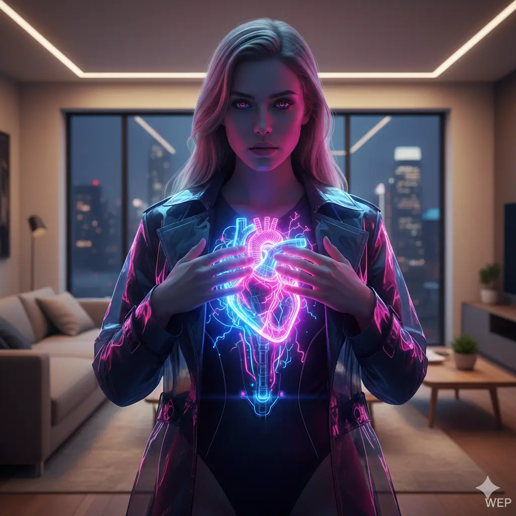 Mujer en moderno departamento con un corazón eléctrico brillante, simbolizando conexión digital y profundidad emocional.
